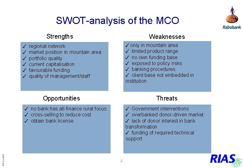 SWOT-analysis of the MCO Strengths Weaknesses 3 only in mountain area 3 limited product