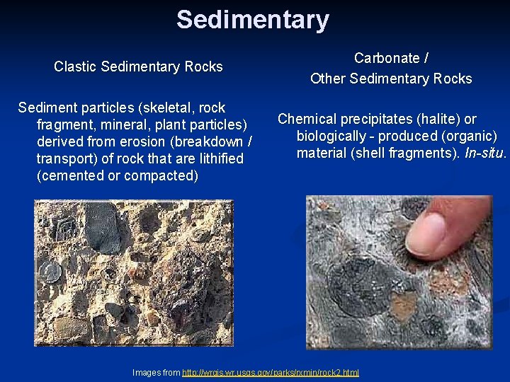 Sedimentary Clastic Sedimentary Rocks Carbonate / Other Sedimentary Rocks Sediment particles (skeletal, rock fragment,