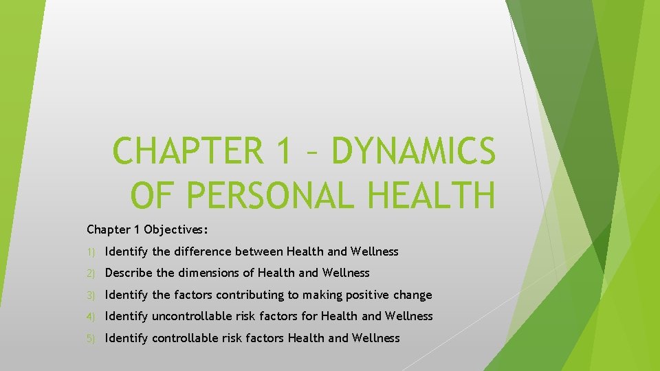 CHAPTER 1 – DYNAMICS OF PERSONAL HEALTH Chapter 1 Objectives: 1) Identify the difference