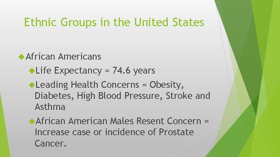 Ethnic Groups in the United States African Life Americans Expectancy = 74. 6 years