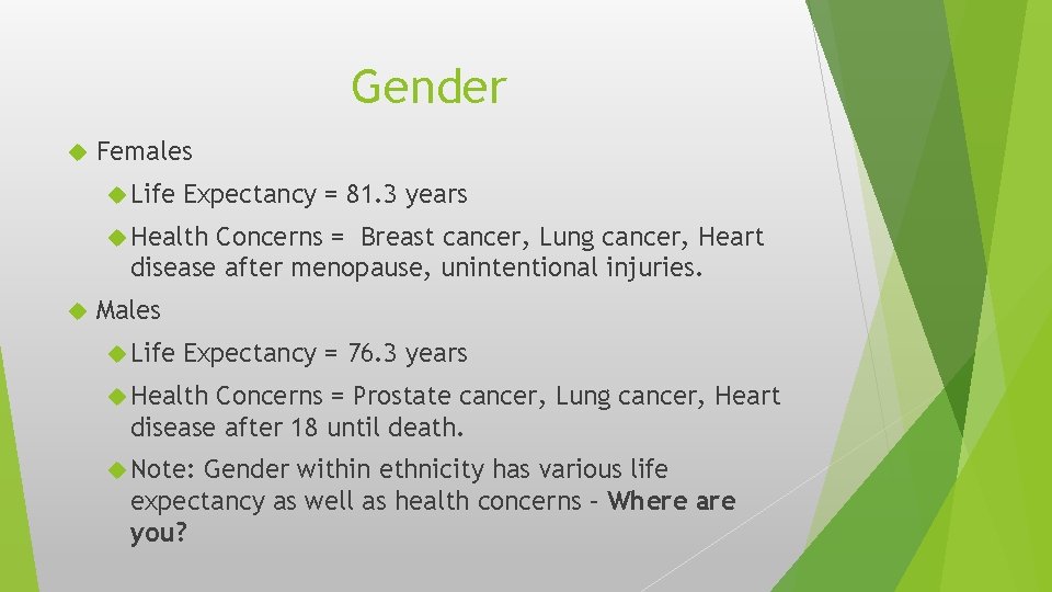 Gender Females Life Expectancy = 81. 3 years Health Concerns = Breast cancer, Lung