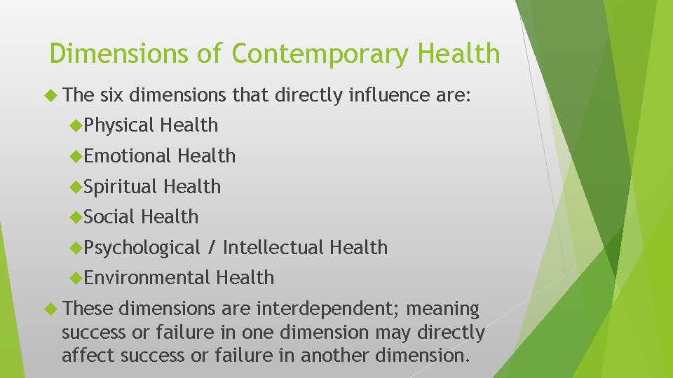 Dimensions of Contemporary Health The six dimensions that directly influence are: Physical Health Emotional