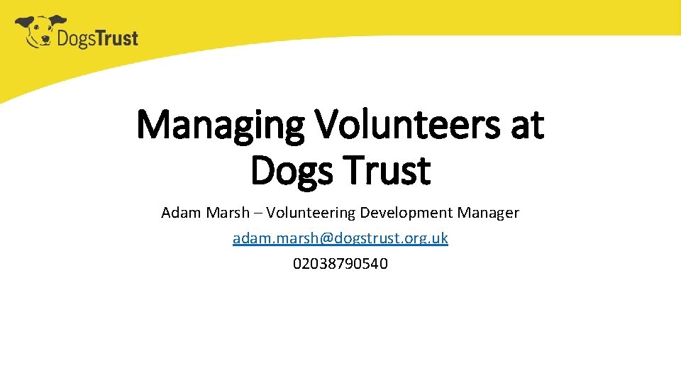 Managing Volunteers at Dogs Trust Adam Marsh – Volunteering Development Manager adam. marsh@dogstrust. org.