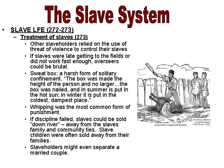  • SLAVE LFE (272 -273) – Treatment of slaves (273) • Other slaveholders