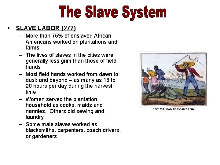  • SLAVE LABOR (272) – More than 75% of enslaved African Americans worked
