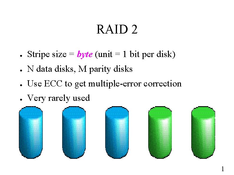 RAID 2 ● Stripe size = byte (unit = 1 bit per disk) ●