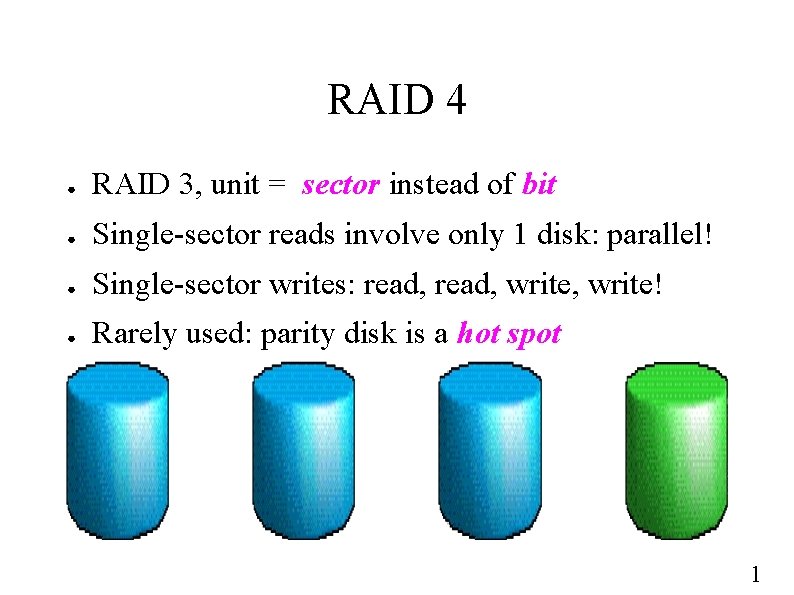 RAID 4 ● RAID 3, unit = sector instead of bit ● Single-sector reads