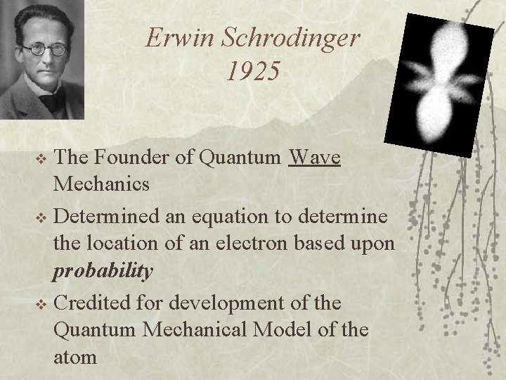 Erwin Schrodinger 1925 The Founder of Quantum Wave Mechanics v Determined an equation to