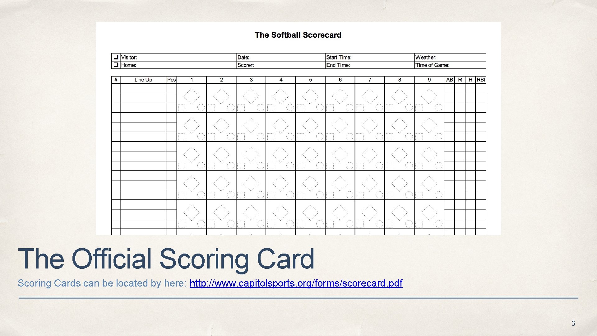 The Official Scoring Cards can be located by here: http: //www. capitolsports. org/forms/scorecard. pdf