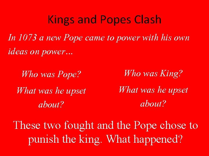 Kings and Popes Clash In 1073 a new Pope came to power with his