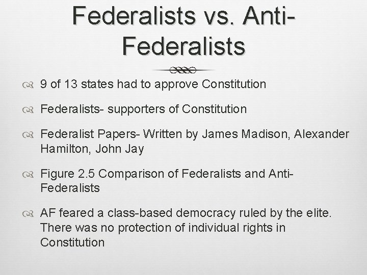 Federalists vs. Anti. Federalists 9 of 13 states had to approve Constitution Federalists- supporters