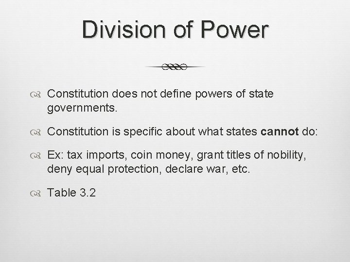 Division of Power Constitution does not define powers of state governments. Constitution is specific Division of Power Constitution does not define powers of state governments. Constitution is specific