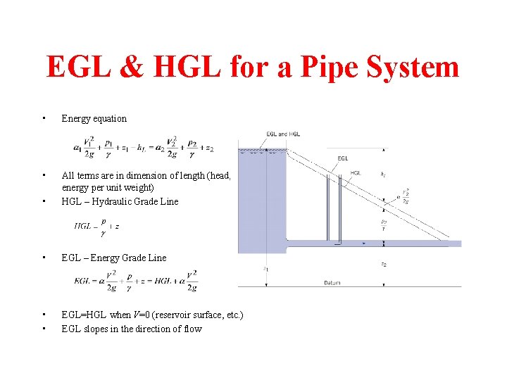 EGL & HGL for a Pipe System • Energy equation • • All terms