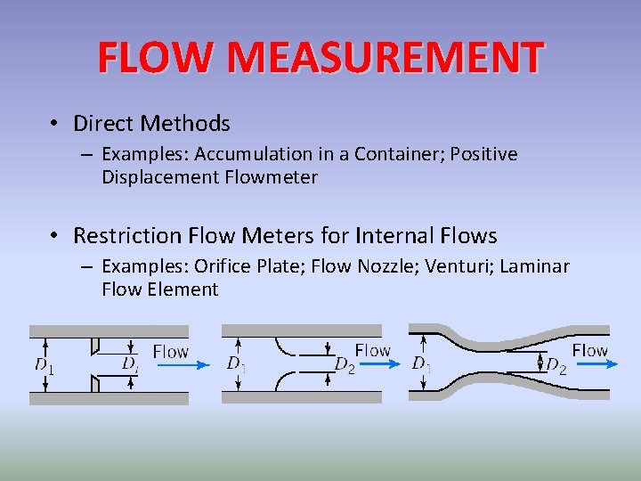 FLOW MEASUREMENT • Direct Methods – Examples: Accumulation in a Container; Positive Displacement Flowmeter