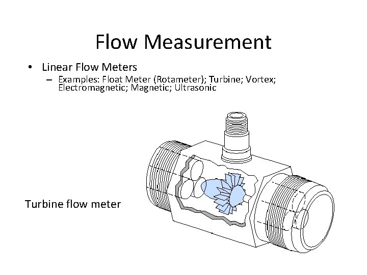 Flow Measurement • Linear Flow Meters – Examples: Float Meter (Rotameter); Turbine; Vortex; Electromagnetic;