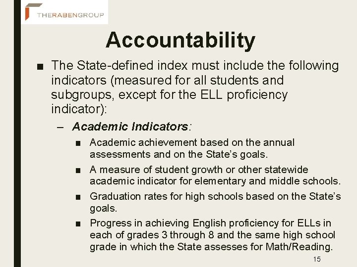 Accountability ■ The State-defined index must include the following indicators (measured for all students