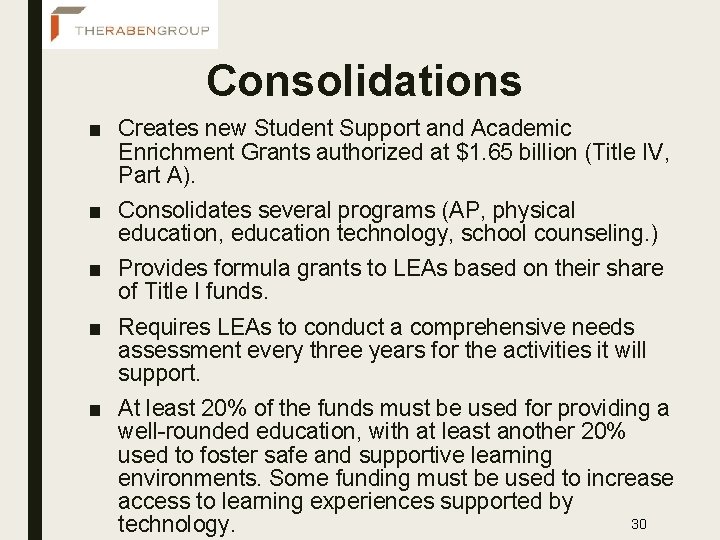 Consolidations ■ Creates new Student Support and Academic Enrichment Grants authorized at $1. 65