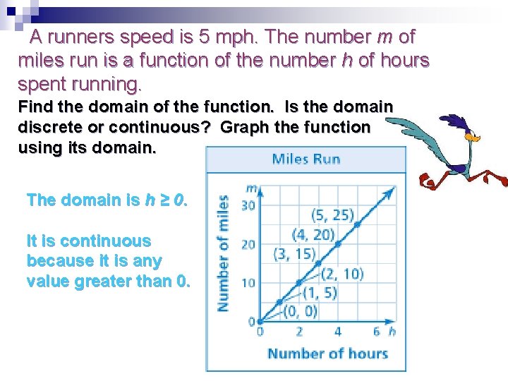 A runners speed is 5 mph. The number m of miles run is a