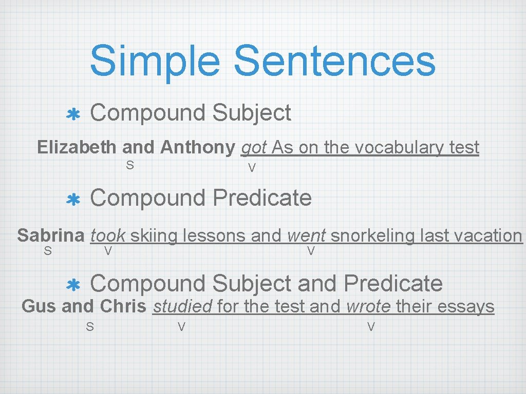 Simple Sentences Compound Subject Elizabeth and Anthony got As on the vocabulary test S