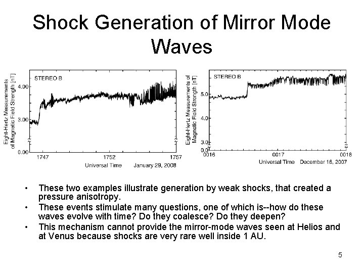 Shock Generation of Mirror Mode Waves • • • These two examples illustrate generation