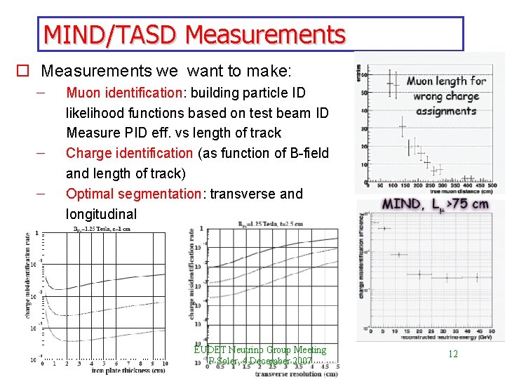 MIND/TASD Measurements o Measurements we want to make: Muon identification: building particle ID likelihood