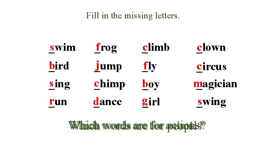 Fill in the missing letters. s _wim f _rog c _limb _lown c b