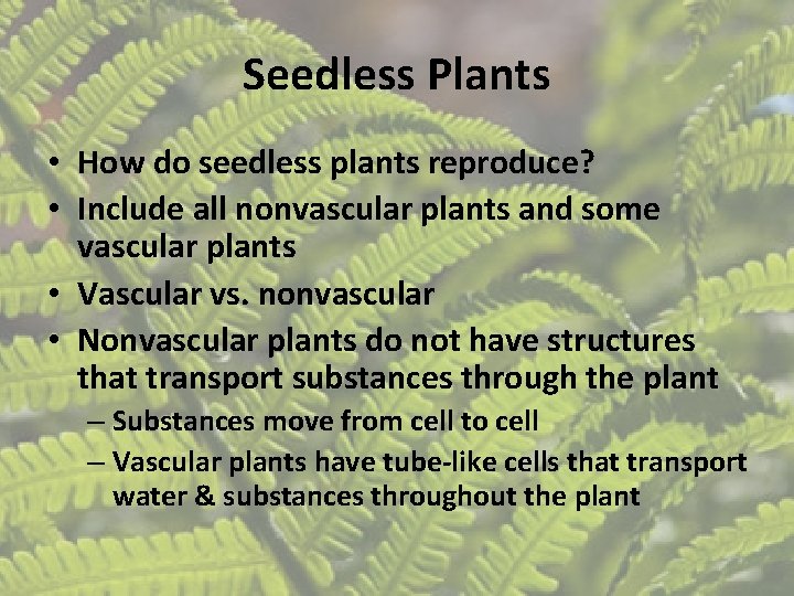 Seedless Plants • How do seedless plants reproduce? • Include all nonvascular plants and