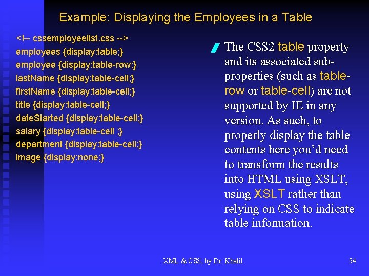 Example: Displaying the Employees in a Table <!-- cssemployeelist. css --> employees {display: table;