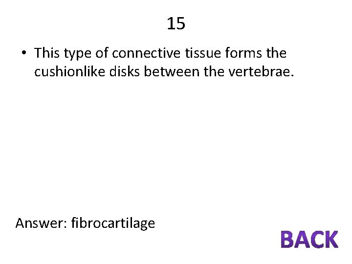 15 • This type of connective tissue forms the cushionlike disks between the vertebrae.