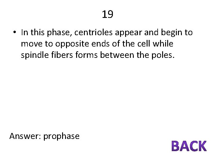 19 • In this phase, centrioles appear and begin to move to opposite ends