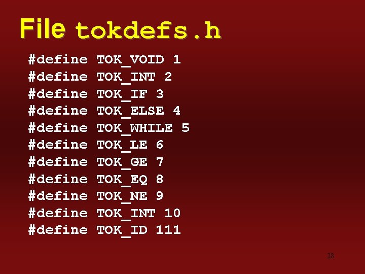 File tokdefs. h #define #define #define TOK_VOID 1 TOK_INT 2 TOK_IF 3 TOK_ELSE 4
