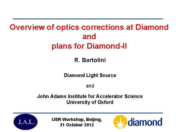 Overview of optics corrections at Diamond and plans for Diamond-II R. Bartolini Diamond Light