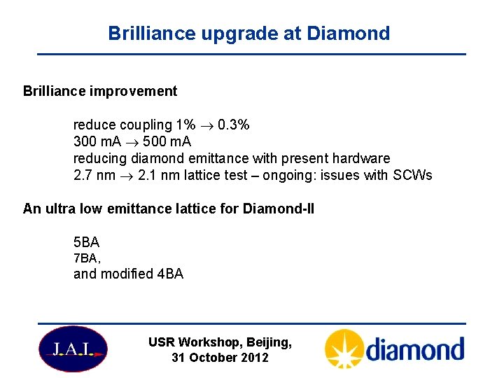 Brilliance upgrade at Diamond Brilliance improvement reduce coupling 1% 0. 3% 300 m. A