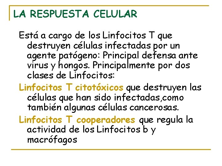 LA RESPUESTA CELULAR Está a cargo de los Linfocitos T que destruyen células infectadas