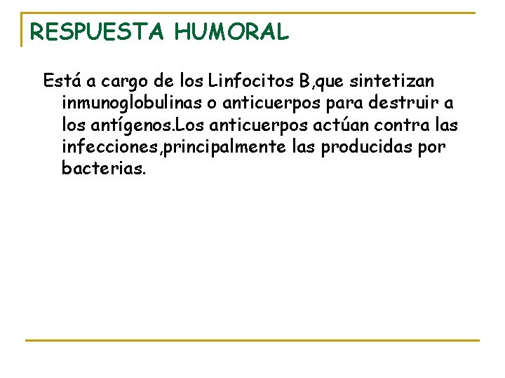 RESPUESTA HUMORAL Está a cargo de los Linfocitos B, que sintetizan inmunoglobulinas o anticuerpos