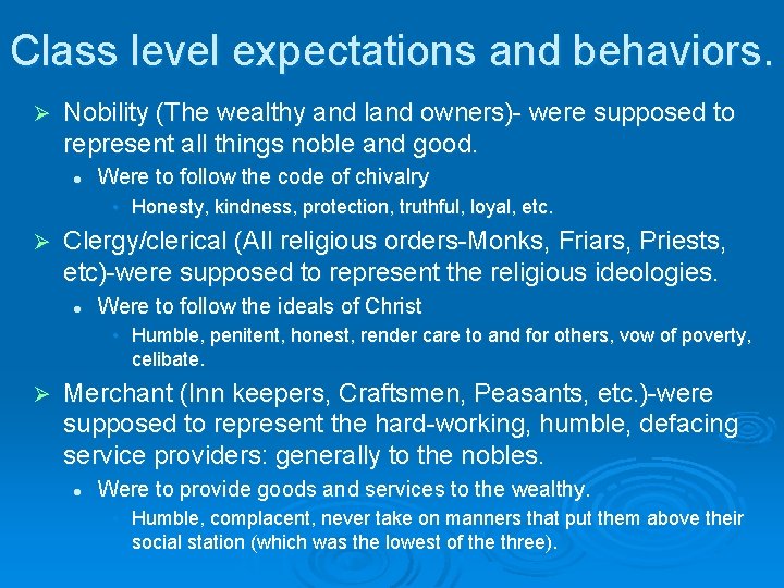 Class level expectations and behaviors. Ø Nobility (The wealthy and land owners)- were supposed