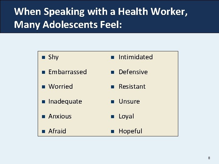 When Speaking with a Health Worker, Many Adolescents Feel: n Shy n Intimidated n