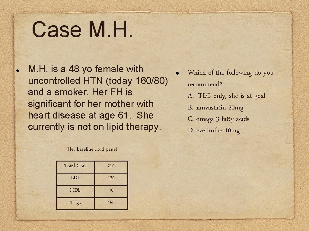 Case M. H. is a 48 yo female with uncontrolled HTN (today 160/80) and