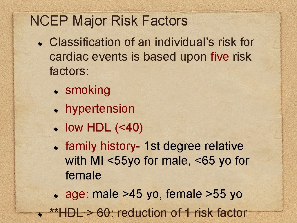 NCEP Major Risk Factors Classification of an individual’s risk for cardiac events is based