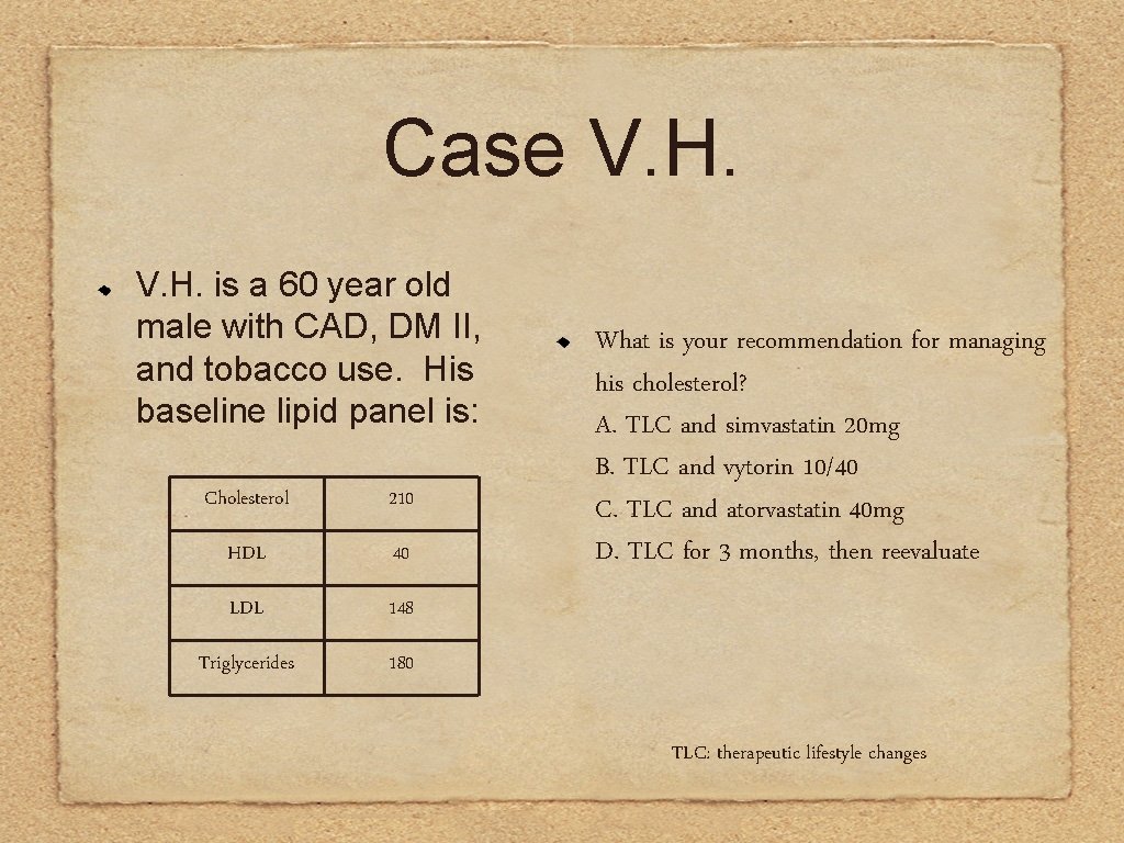Case V. H. is a 60 year old male with CAD, DM II, and