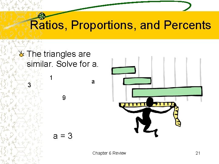 Ratios, Proportions, and Percents The triangles are similar. Solve for a. 1 a 3