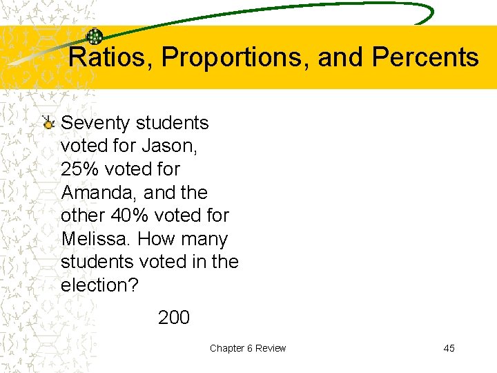 Ratios, Proportions, and Percents Seventy students voted for Jason, 25% voted for Amanda, and