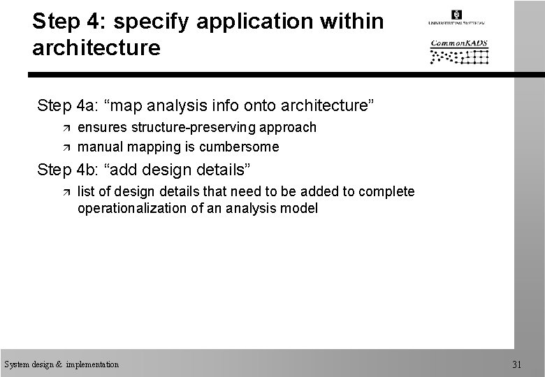 Step 4: specify application within architecture Step 4 a: “map analysis info onto architecture”