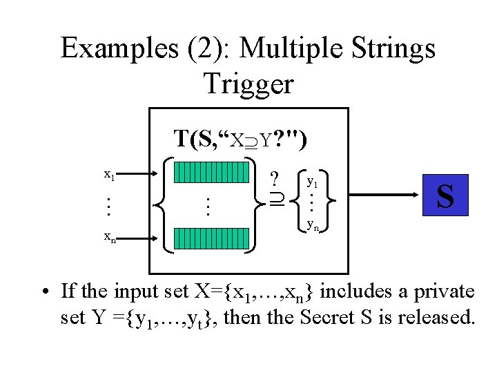 Examples (2): Multiple Strings Trigger T(S, “X Y? ") x 1 y 1 …