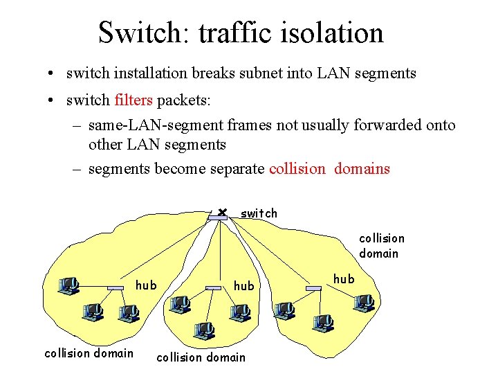 Switch: traffic isolation • switch installation breaks subnet into LAN segments • switch filters
