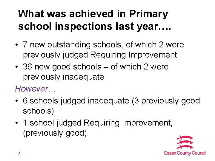 What was achieved in Primary school inspections last year…. • 7 new outstanding schools,