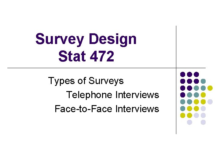 Survey Design Stat 472 Types of Surveys Telephone Interviews Face-to-Face Interviews 