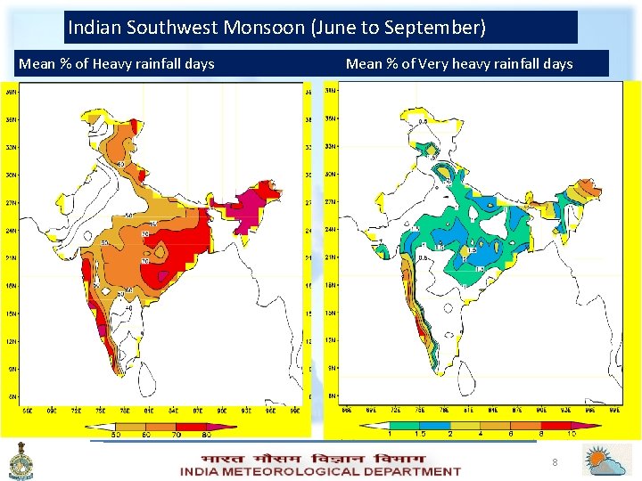 Indian Southwest Monsoon (June to September) Mean % of Heavy rainfall days Mean %