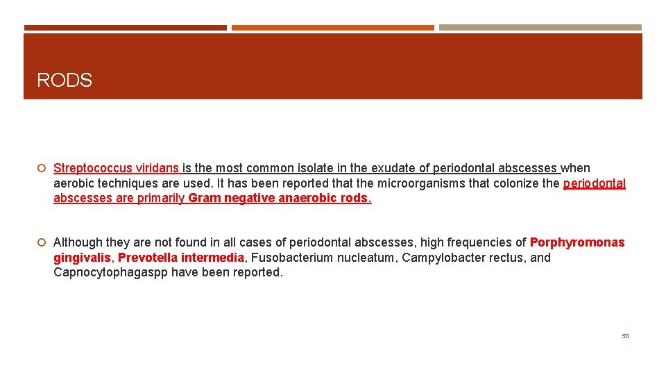 RODS Streptococcus viridans is the most common isolate in the exudate of periodontal abscesses
