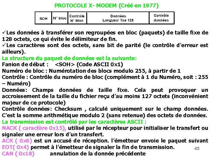PROTOCOLE X- MODEM (Créé en 1977) üLes données à transférer son regroupées en bloc